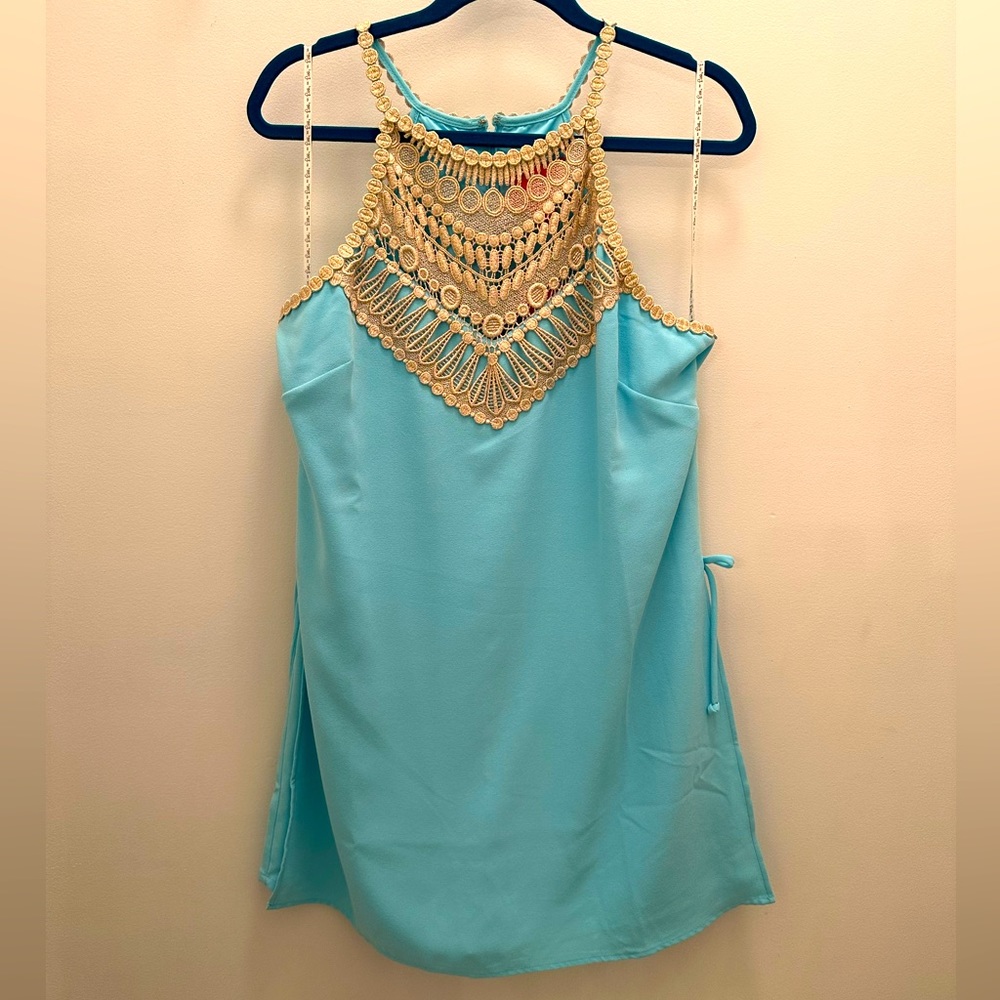 NEW Lilly Pulitzer Pearl Romper Large Bali blue women’s NWT size 12 gold trim